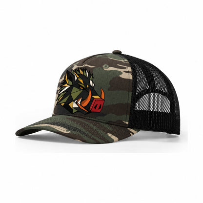 Wild Boar Tusks Profile Trucker Hat – Woodland Camo Black