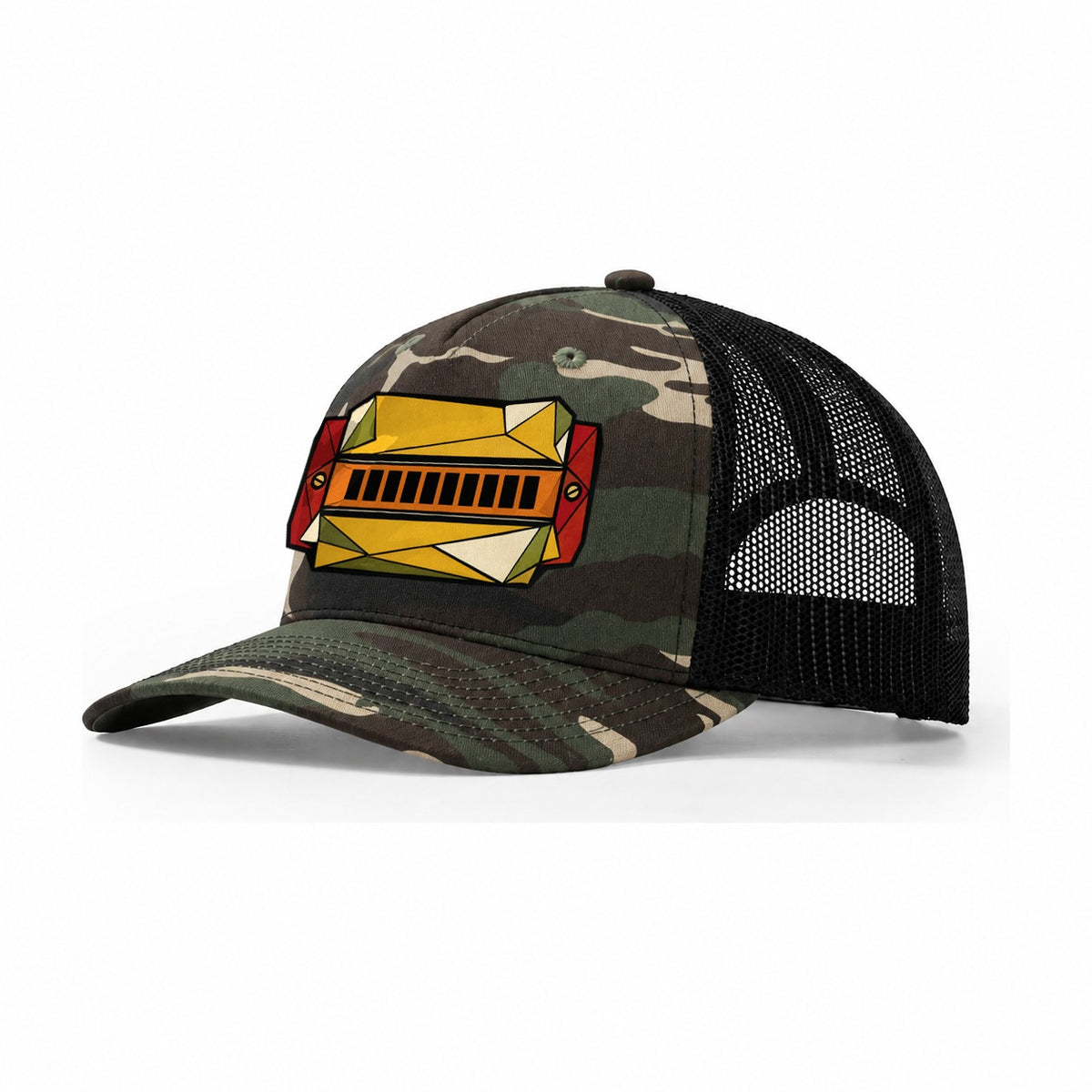 Harmonica Close Up Trucker Hat – Woodland Camo Black