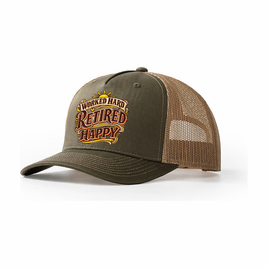 Worked Hard Retired Happy Retired Living Trucker Hat – Olive Khaki
