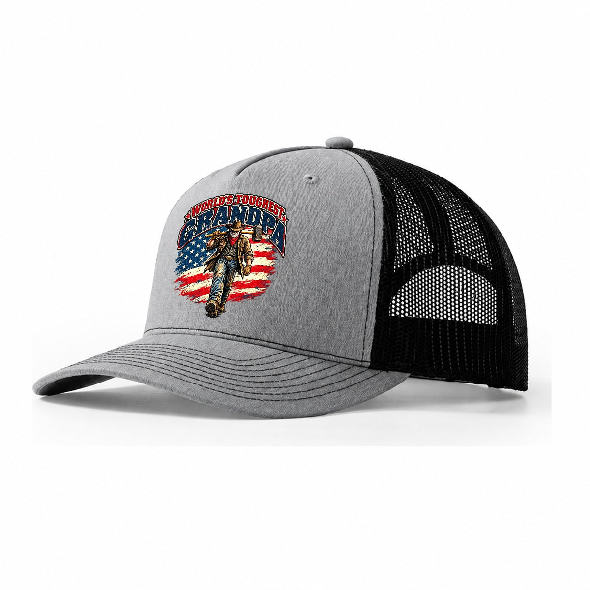 World S Toughest Grandpa Old Man Strong Trucker Hat – Sport Grey Black