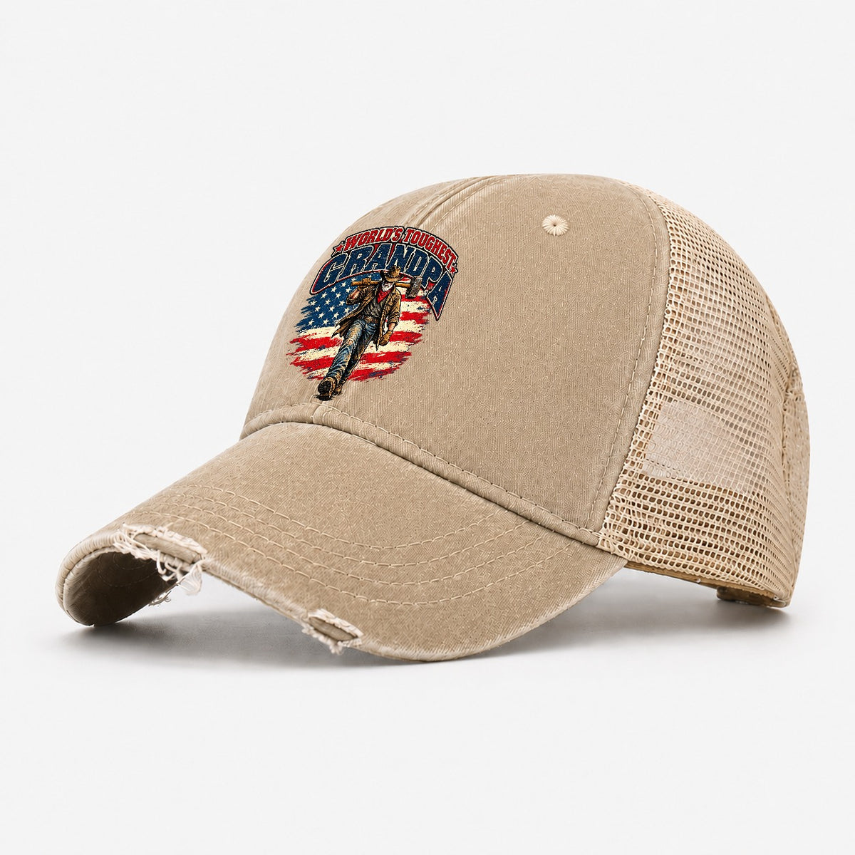 World S Toughest Grandpa Old Man Strong Washed Trucker Hat – Khaki
