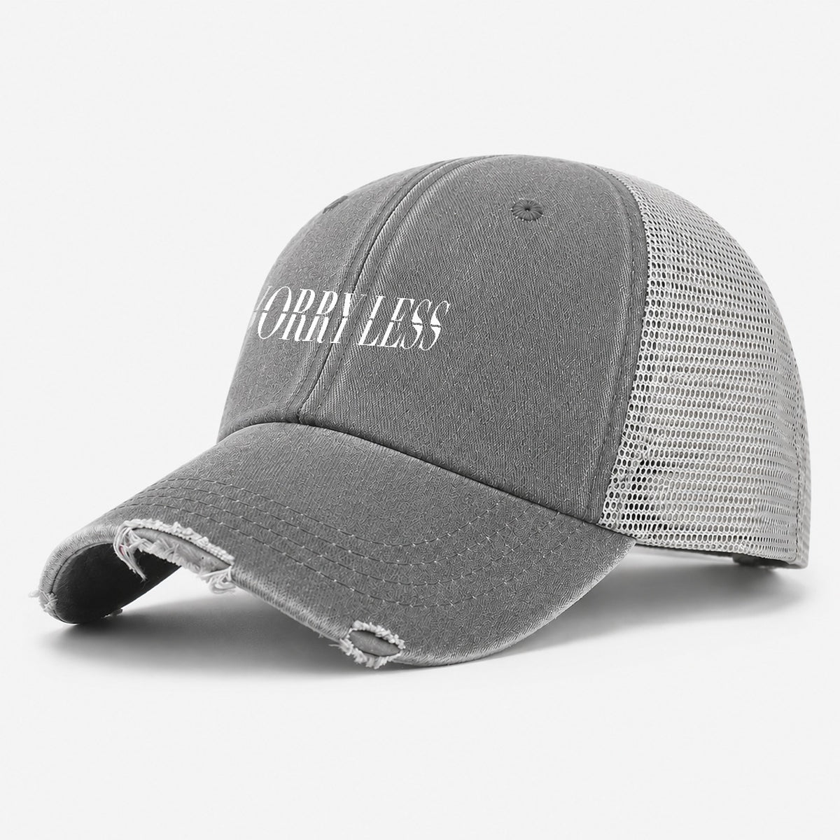 Worry Less Sorry Less Split Feelings Washed Trucker Hat – Grey