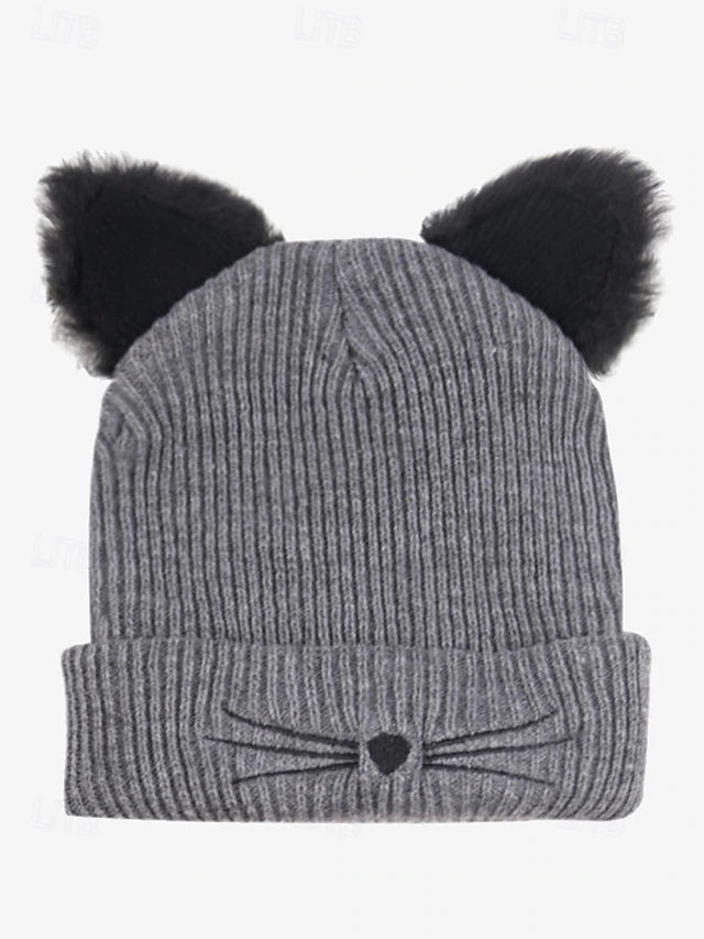 Women's Cute Cat Ear Beanie – Burgundy Knit Hat with Faux Fur Ears and Whisker Embroidery, Cozy and Stylish Winter Accessory