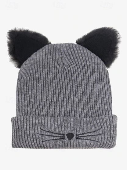 Women's Cute Cat Ear Beanie – Burgundy Knit Hat with Faux Fur Ears and Whisker Embroidery, Cozy and Stylish Winter Accessory