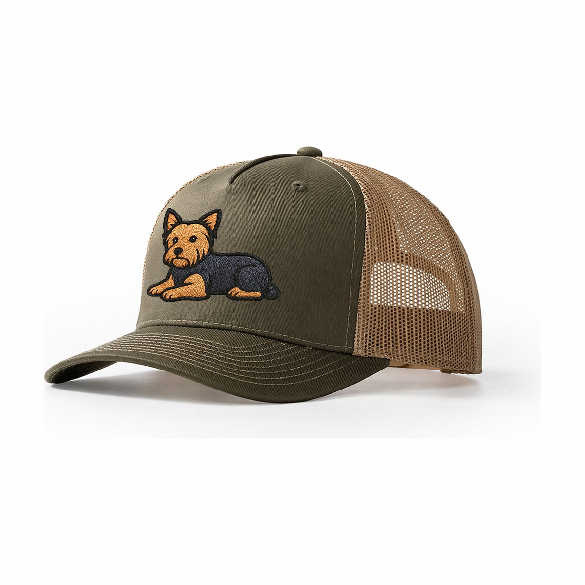 Yorkshire Terrier Blue And Tan Relaxed Lying Down With Head Trucker Hat – Olive-Khaki