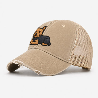 Yorkshire Terrier Blue And Tan Relaxed Lying Down With Head Washed Trucker Hat – Khaki