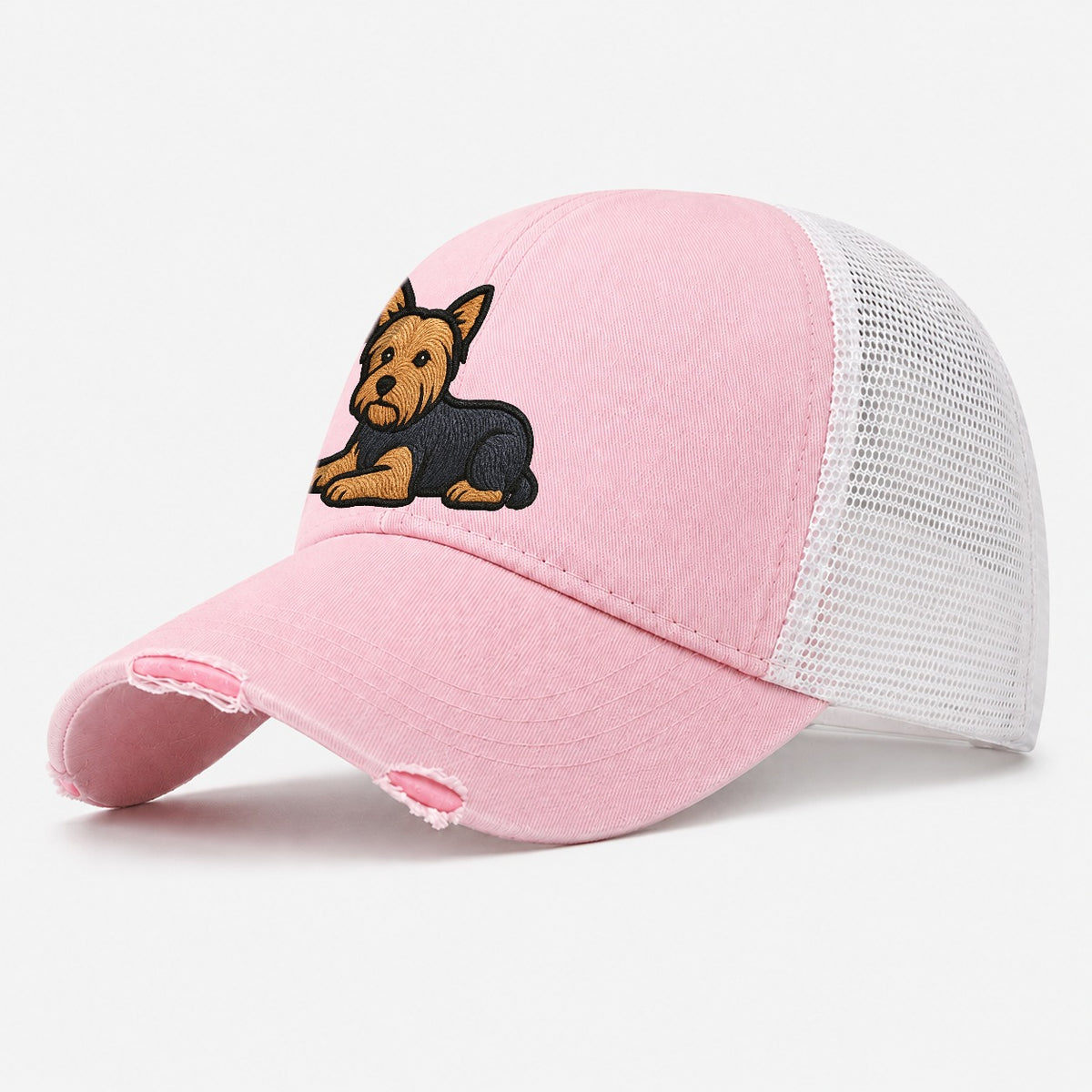 Yorkshire Terrier Blue And Tan Relaxed Lying Down With Head Washed Trucker Hat – Light Pink