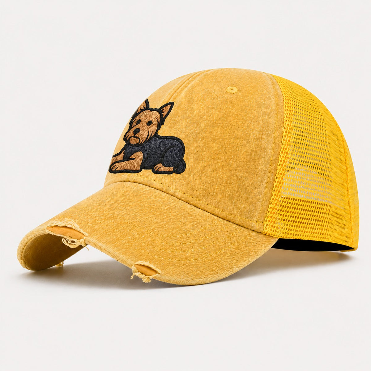 Yorkshire Terrier Blue And Tan Relaxed Lying Down With Head Washed Trucker Hat – Yellow