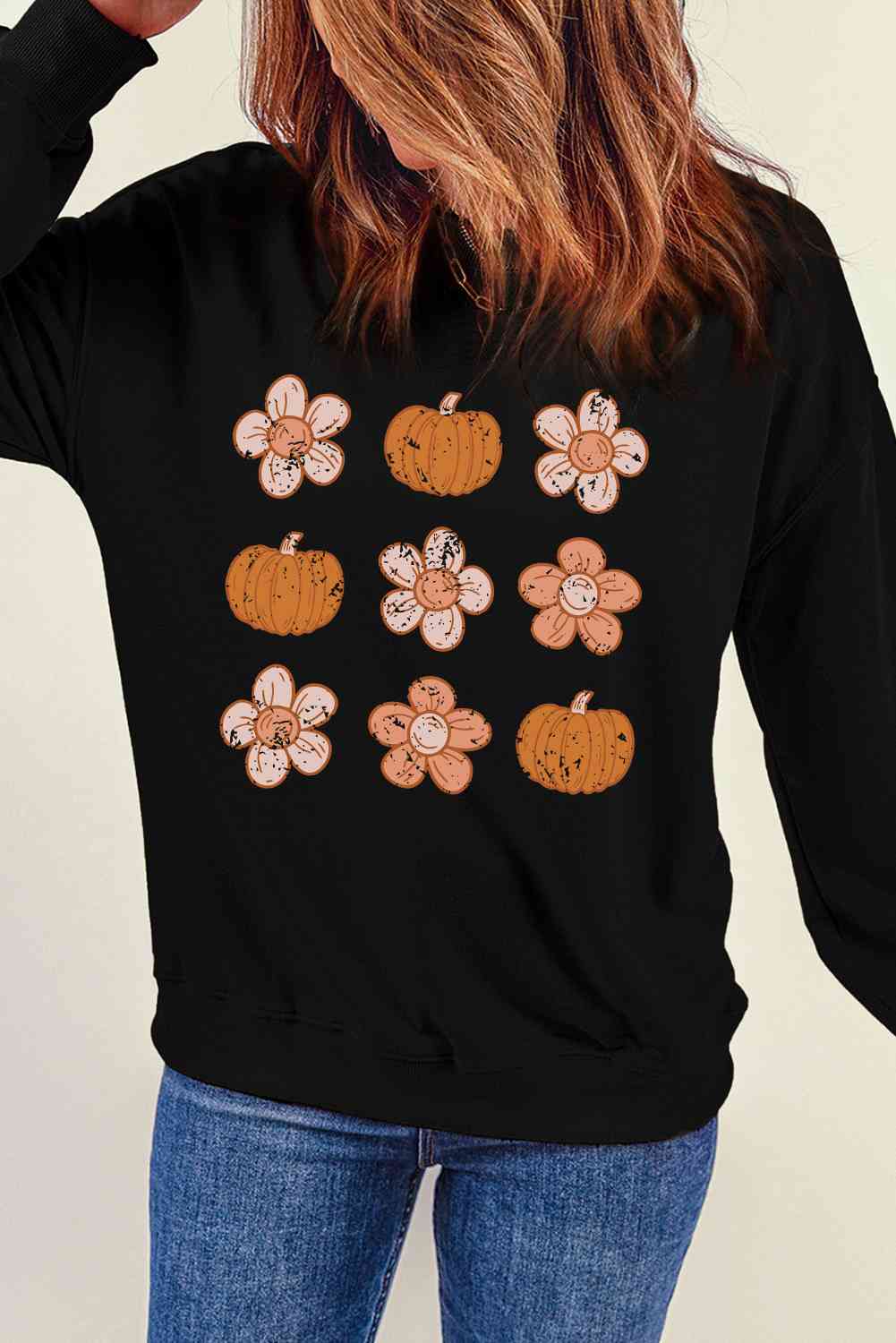 Simply Love Round Neck Long Sleeve Pumpkin & Flower Graphic